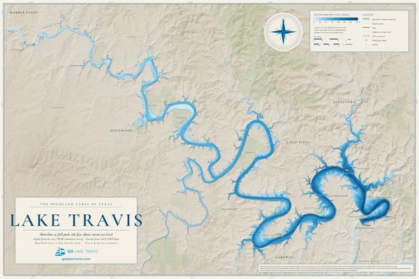 Lake Travis map artwork used for the Framed Lake Travis Nautical Map Canvas